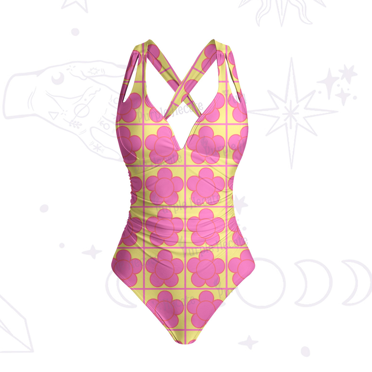 Purplehecate Bubble Flower Checkered One-Piece Swimsuit