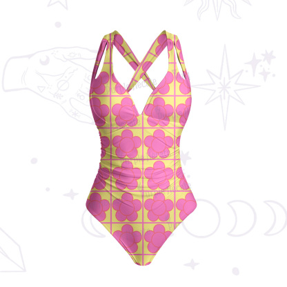 Purplehecate Bubble Flower Checkered One-Piece Swimsuit