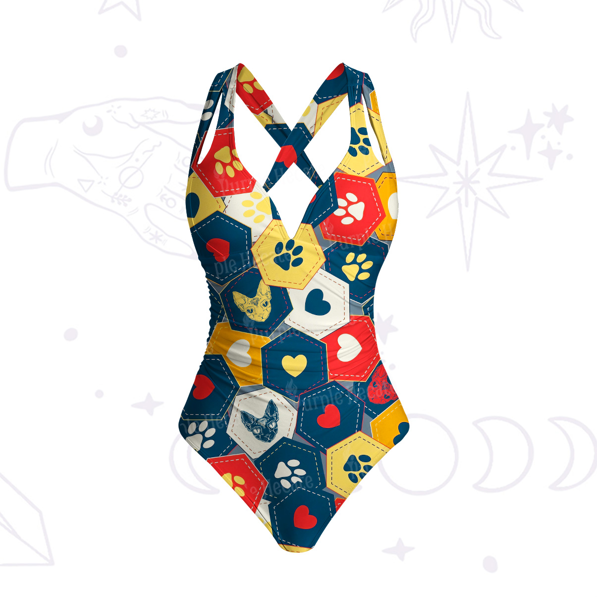 Purplehecate Whimsical Cat Paw Love One-Piece Swimsuit