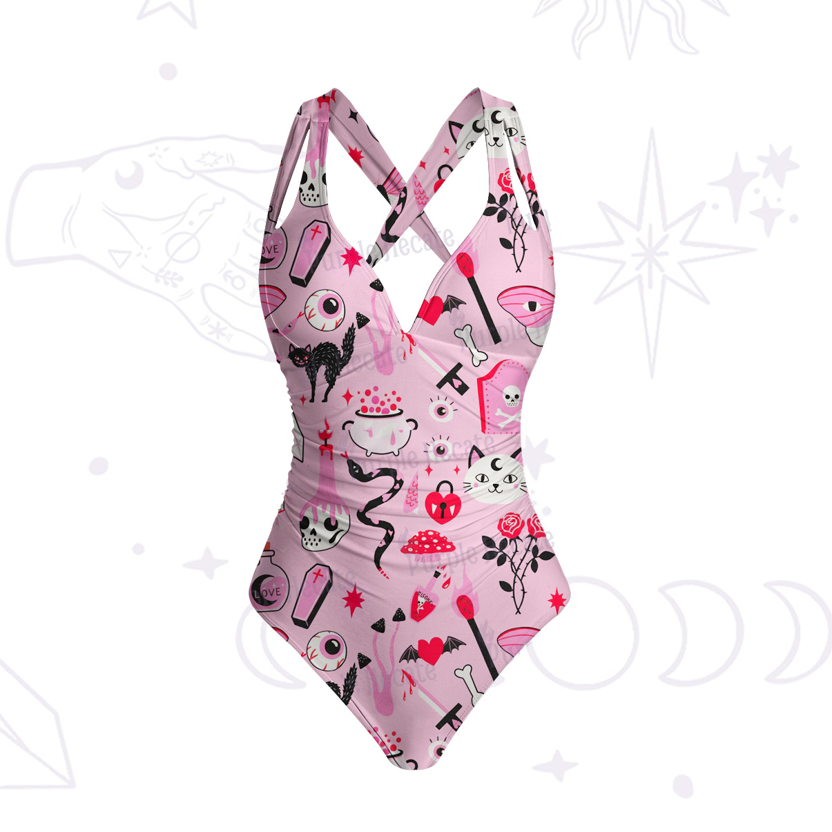 Purplehecate Black Cat Witchy Pink One-Piece Swimsuit