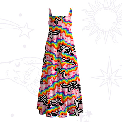 Purplehecate Groovy Melty Rainbow Hearts Wavy Wide Straps Maxi Dress