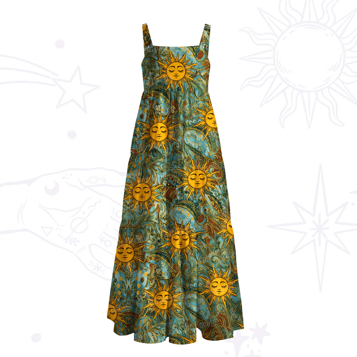 Purplehecate Golden Sun Wheel Wide Straps Maxi Dress