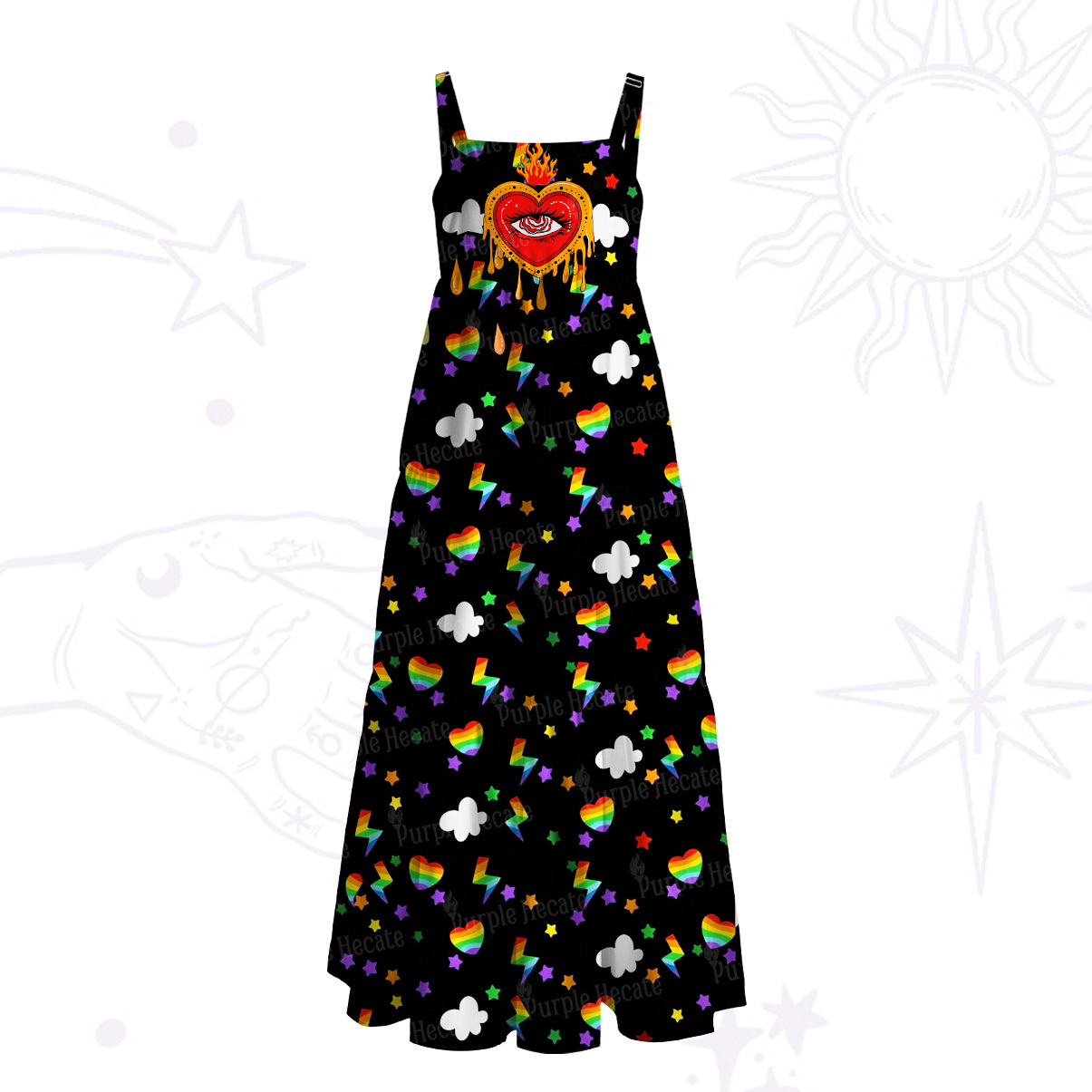 Purplehecate Rainbow Sacred Heart All Seeing Eye Pride Wide Straps Maxi Dress