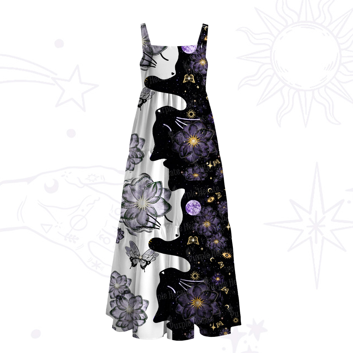Purplehecate Starlit Cats & Butterflies Wide Straps Maxi Dress