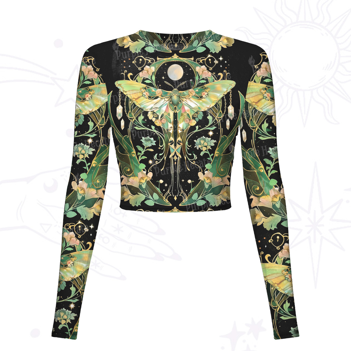 Purplehecate Moon Moth Rave Mesh Long Sleeve Crop Top