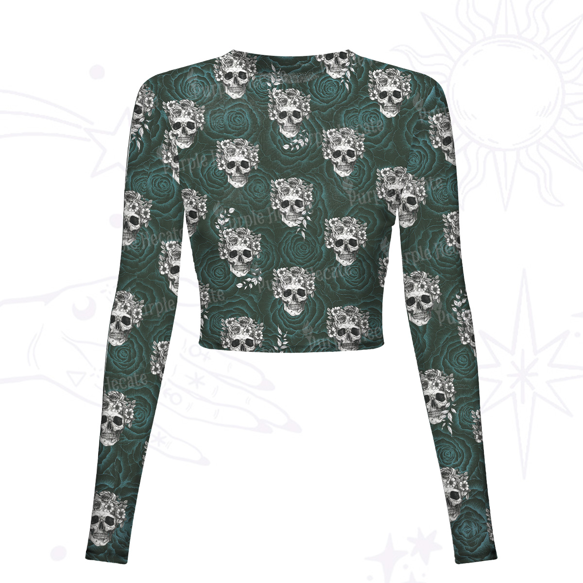 Purplehecate Rose Skull Mesh Long Sleeve Crop Top