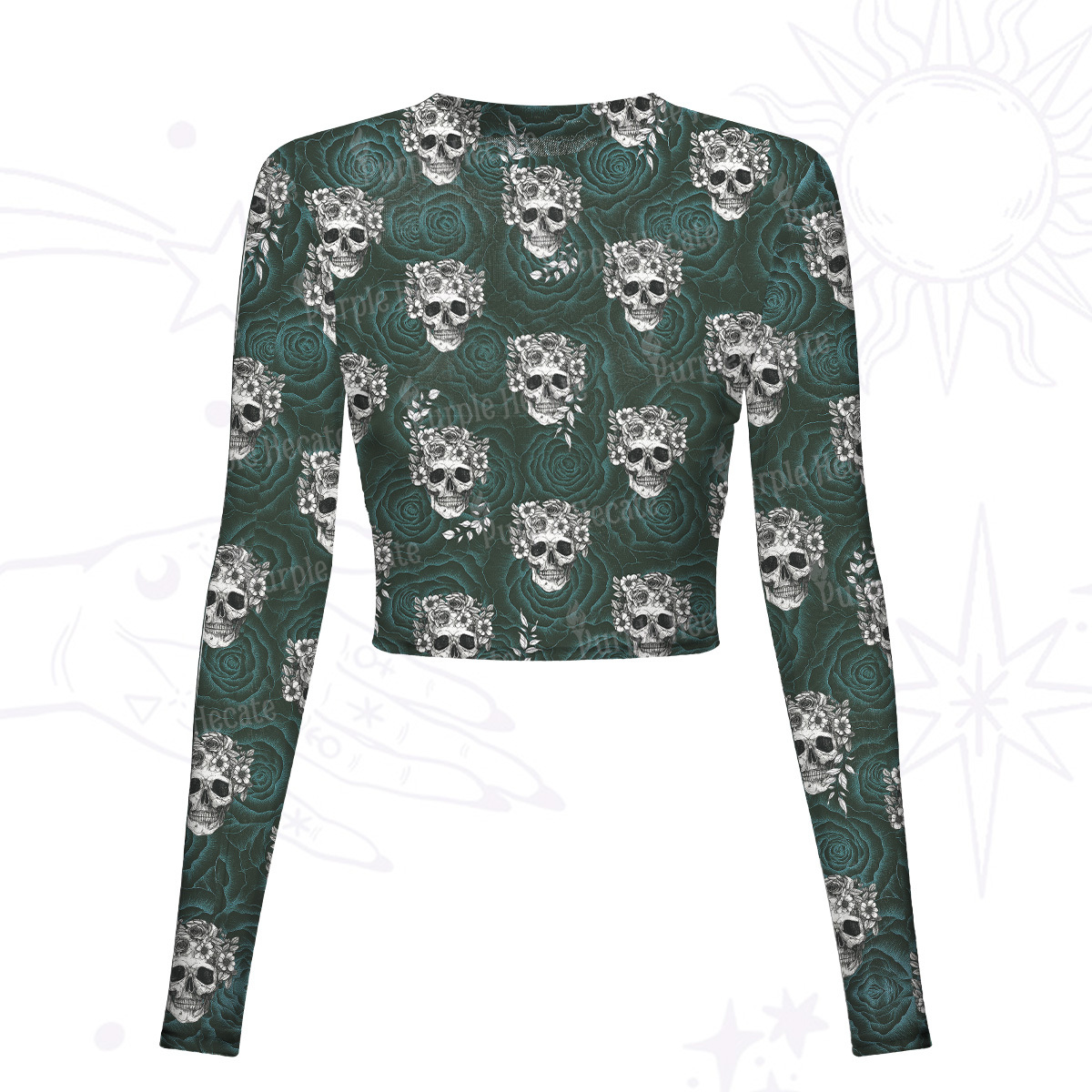 Purplehecate Rose Skull Mesh Long Sleeve Crop Top