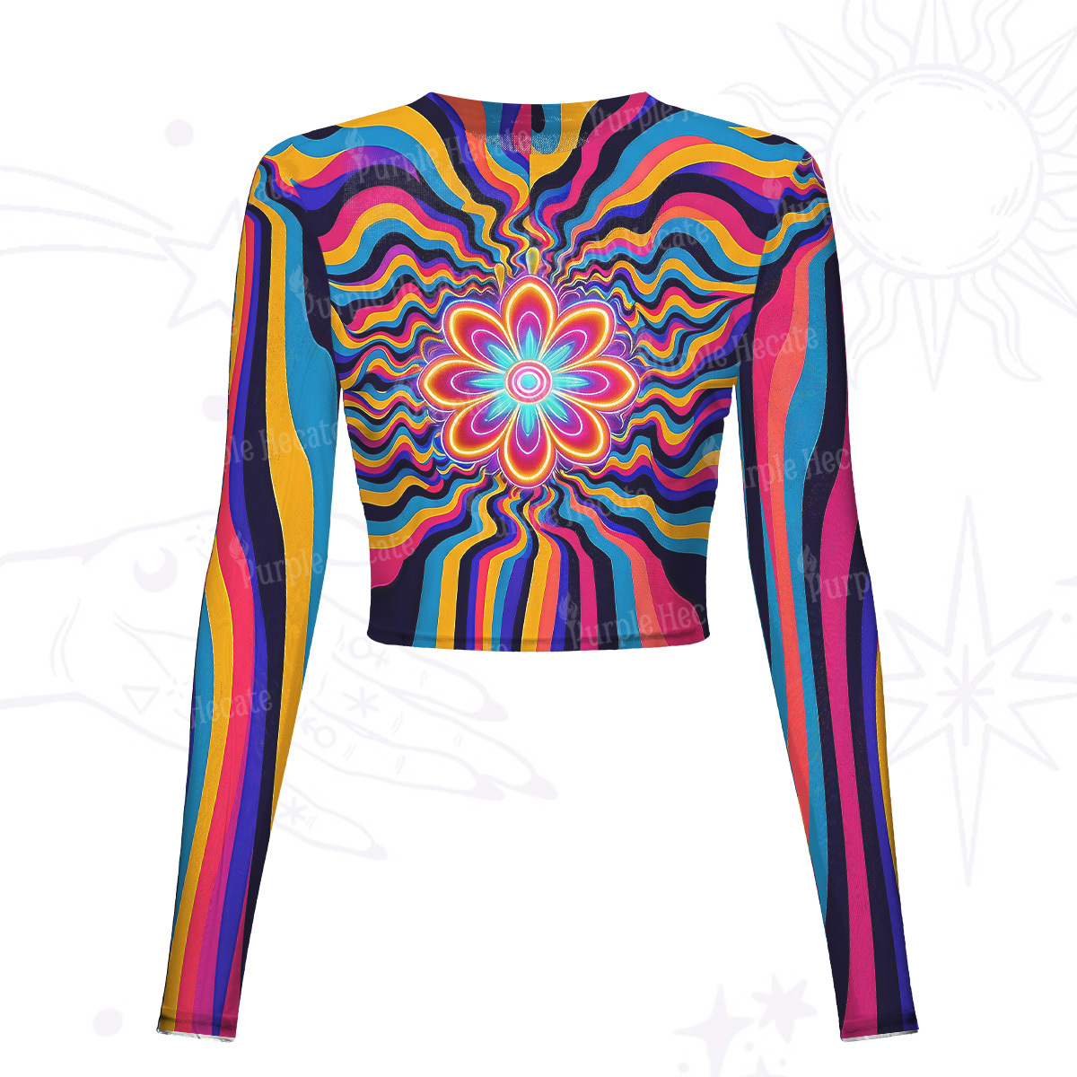 Purplehecate Psychedelic Bloom Mesh Long Sleeve Crop Top