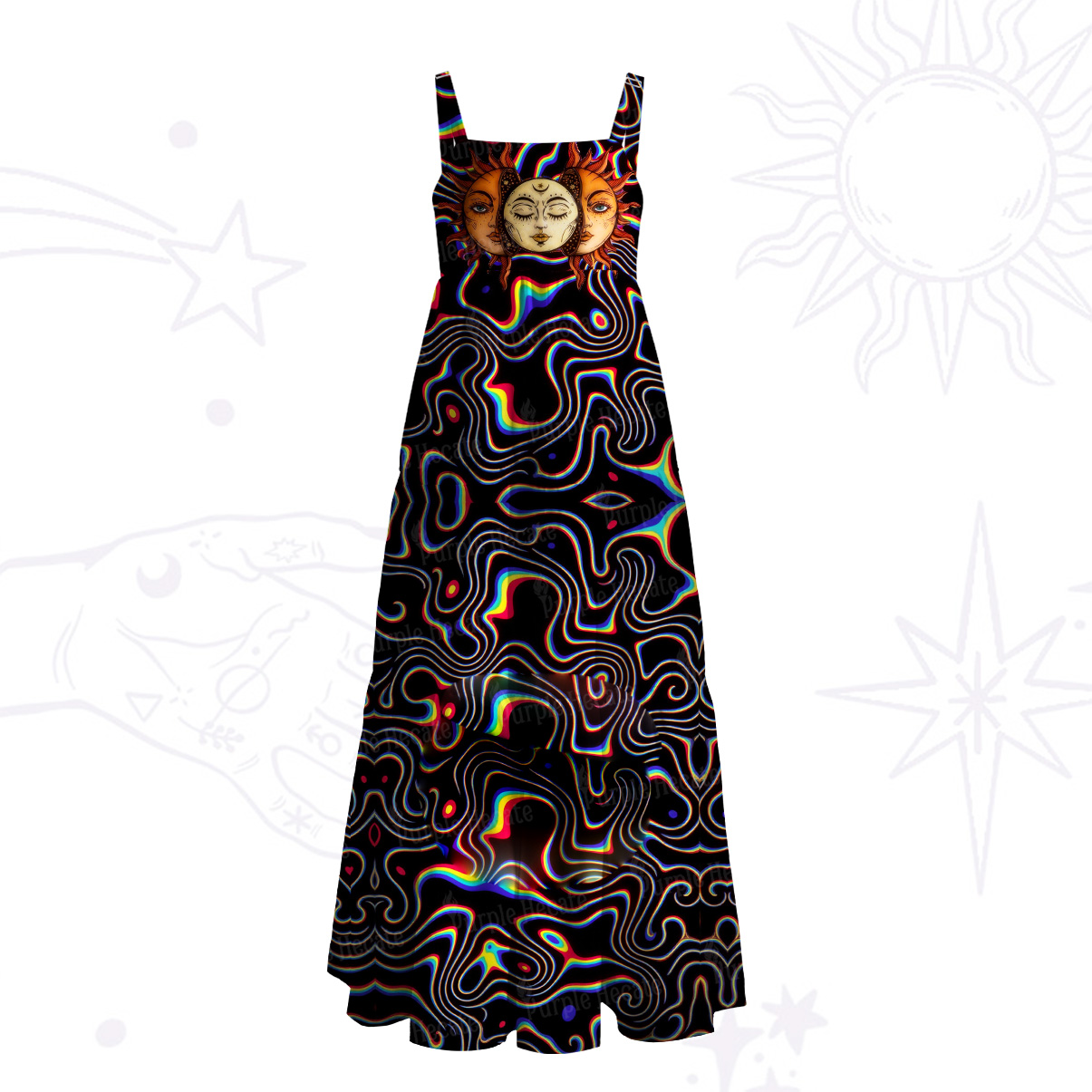 Purplehecate Psychedelic Sun and Moon Wide Straps Maxi Dress