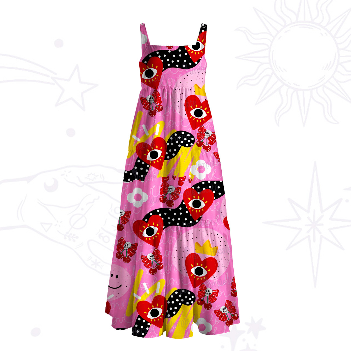 Purplehecate Evil Eye Heart Wide Straps Maxi Dress