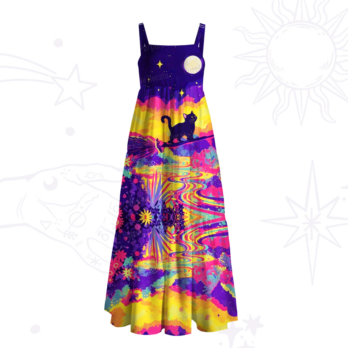 Purplehecate Midnight Cosmic Cat Fantasy Wide Straps Maxi Dress