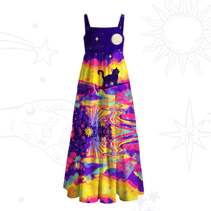 Purplehecate Midnight Cosmic Cat Fantasy Wide Straps Maxi Dress
