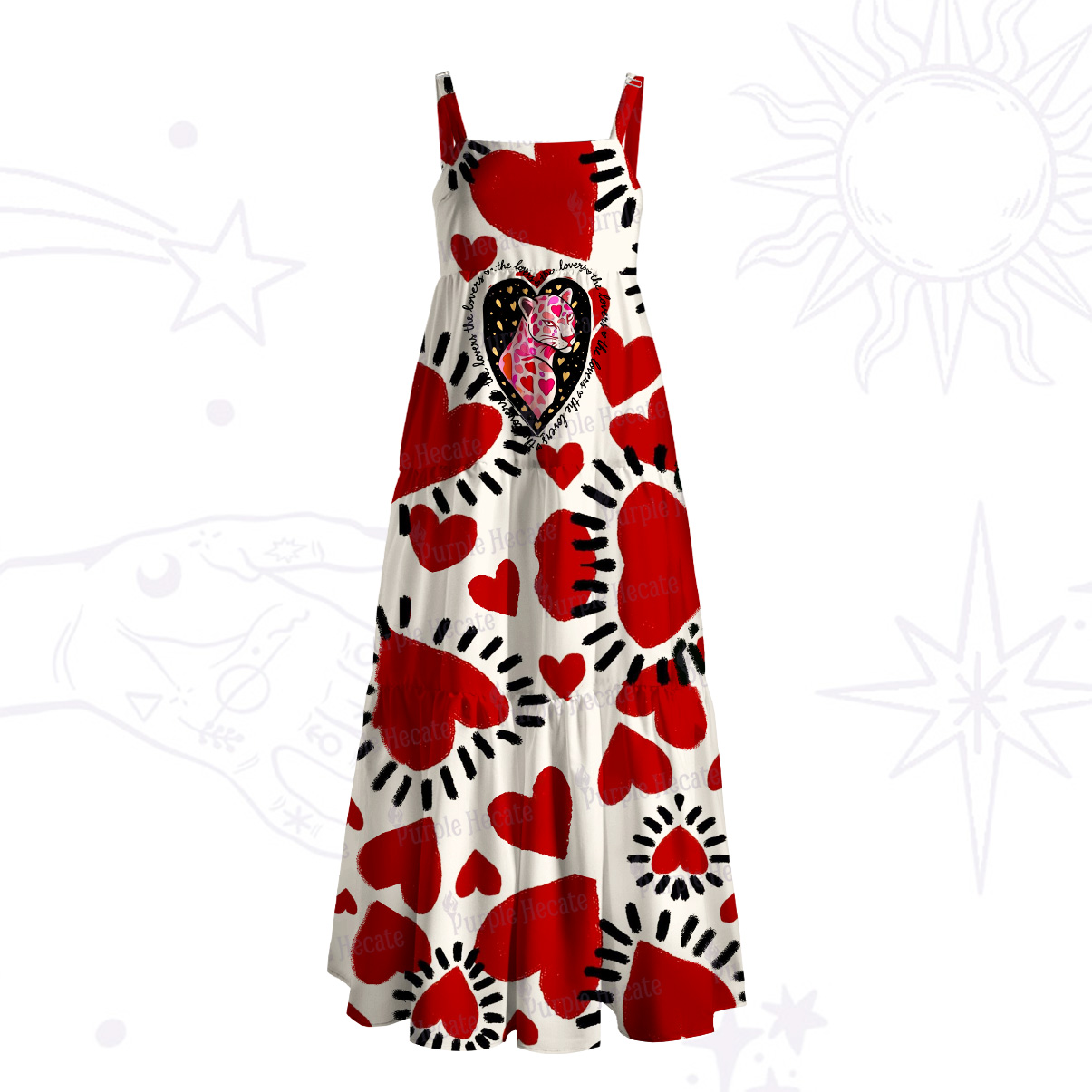 Purplehecate Wild Love Leopard Heart Wide Straps Maxi Dress