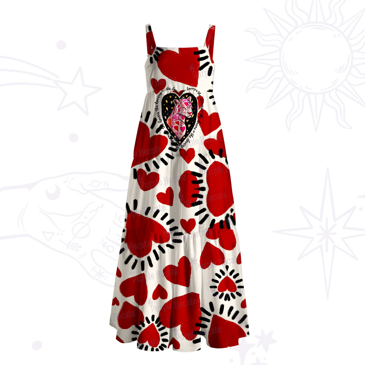 Purplehecate Wild Love Leopard Heart Wide Straps Maxi Dress