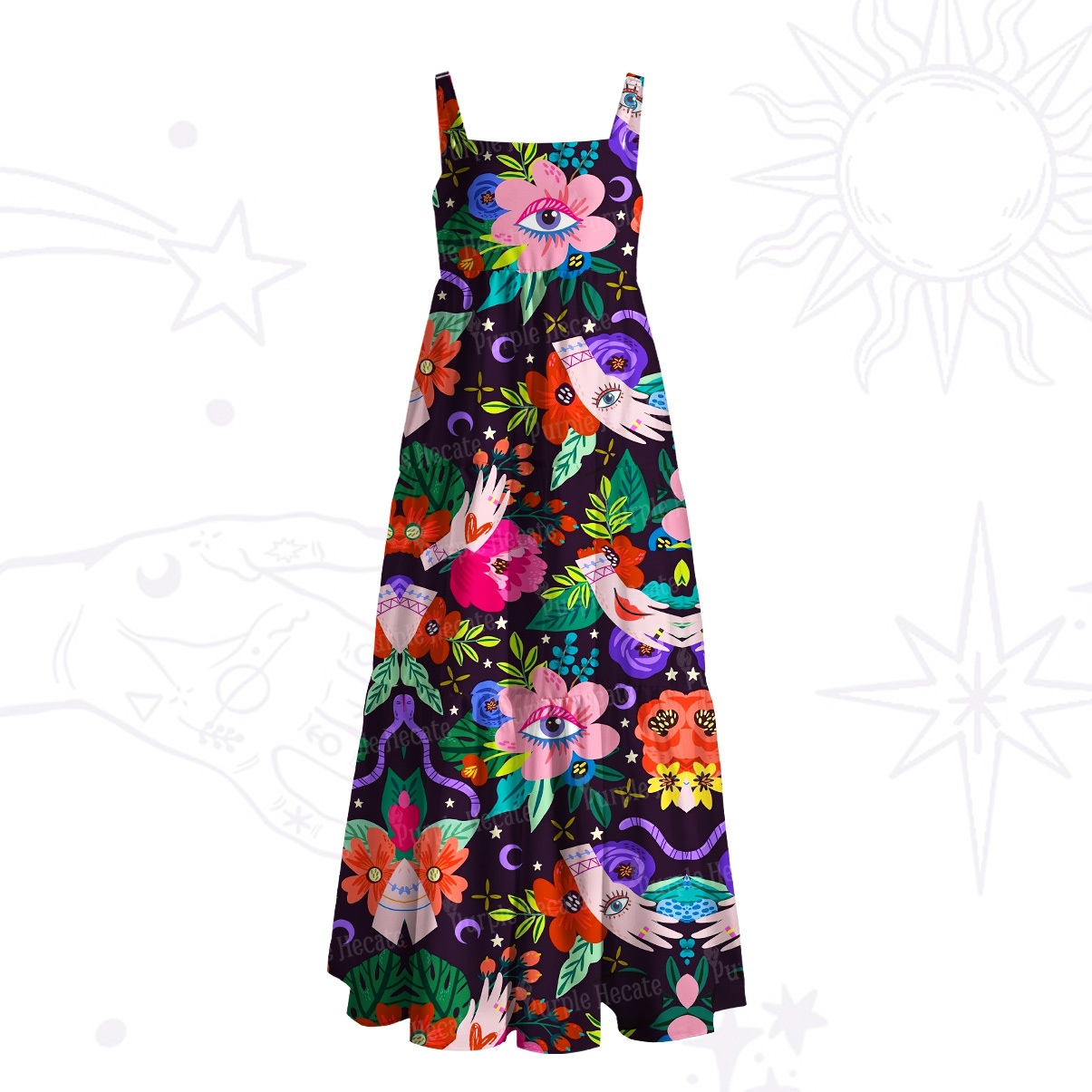 Purplehecate Eye of the Blossom Wide Straps Maxi Dress