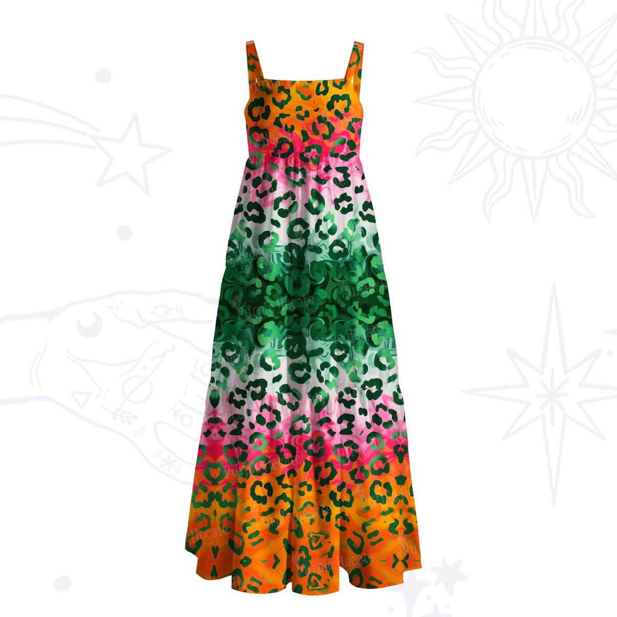 Purplehecate Rainbow Ombre Leopard Wide Straps Maxi Dress