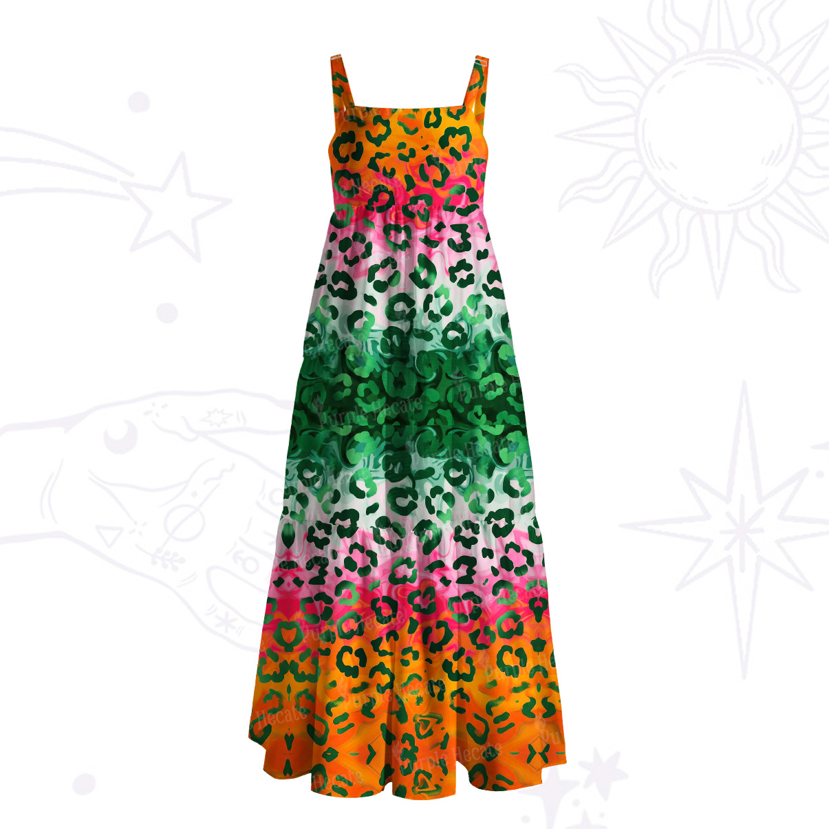 Purplehecate Rainbow Ombre Leopard Wide Straps Maxi Dress