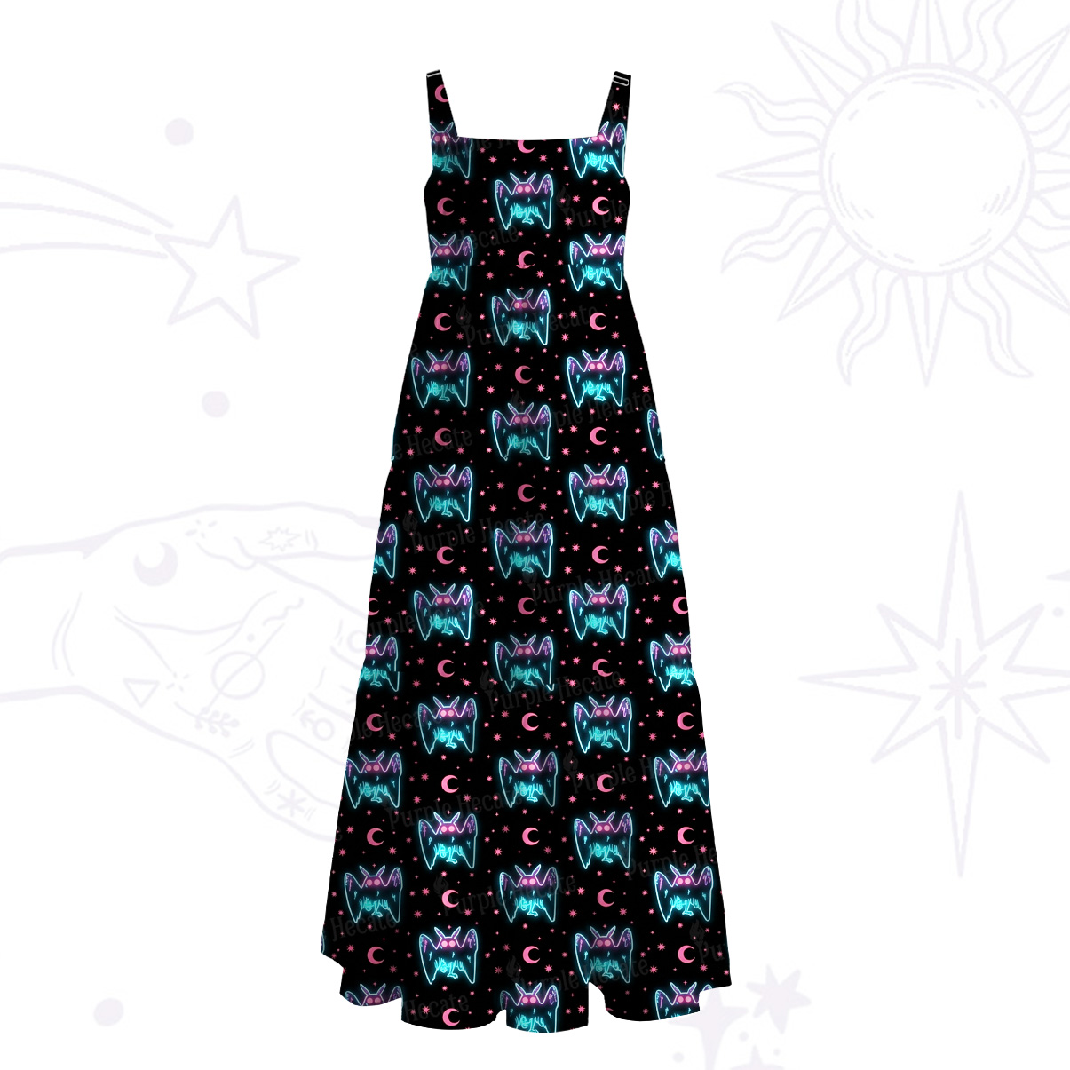 Purplehecate Neon Witchy Mothman Night Wide Straps Maxi Dress