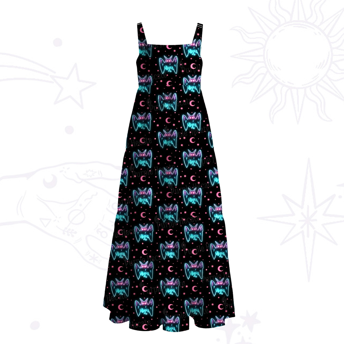 Purplehecate Neon Witchy Mothman Night Wide Straps Maxi Dress