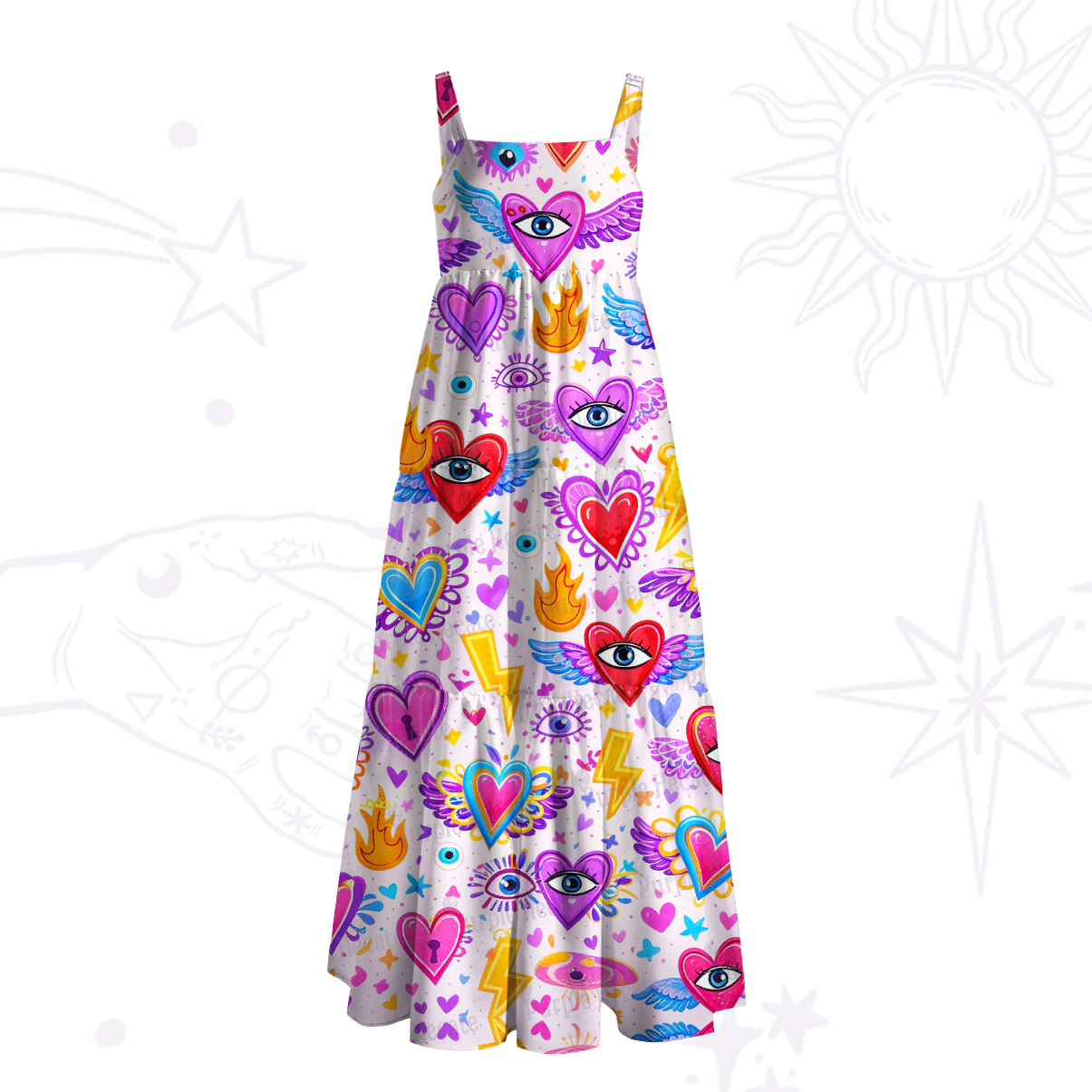 Purplehecate Mystic Heart Eye Wings Wide Straps Maxi Dress
