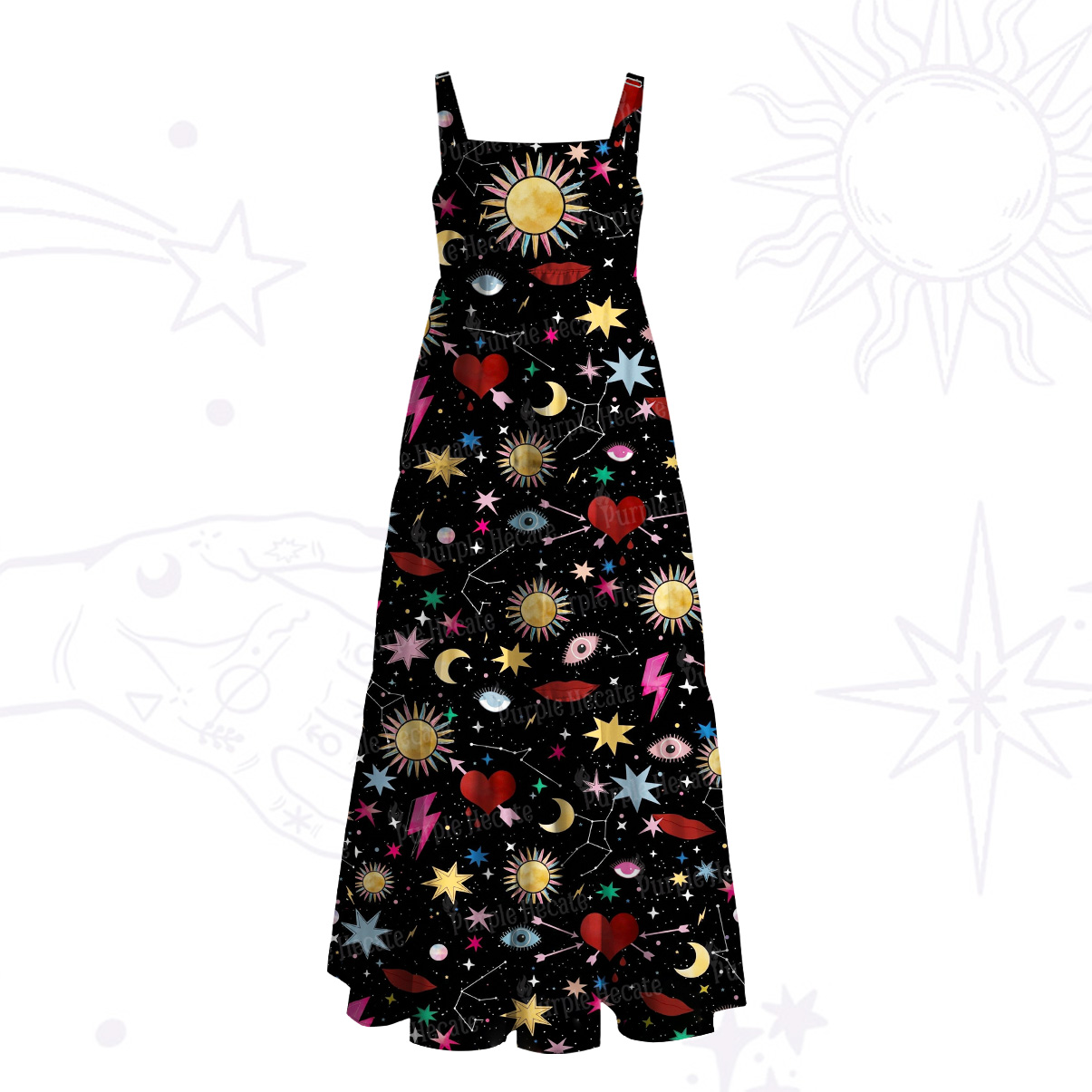 Purplehecate Celestial Night of Stars  & Hearts Wide Straps Maxi Dress