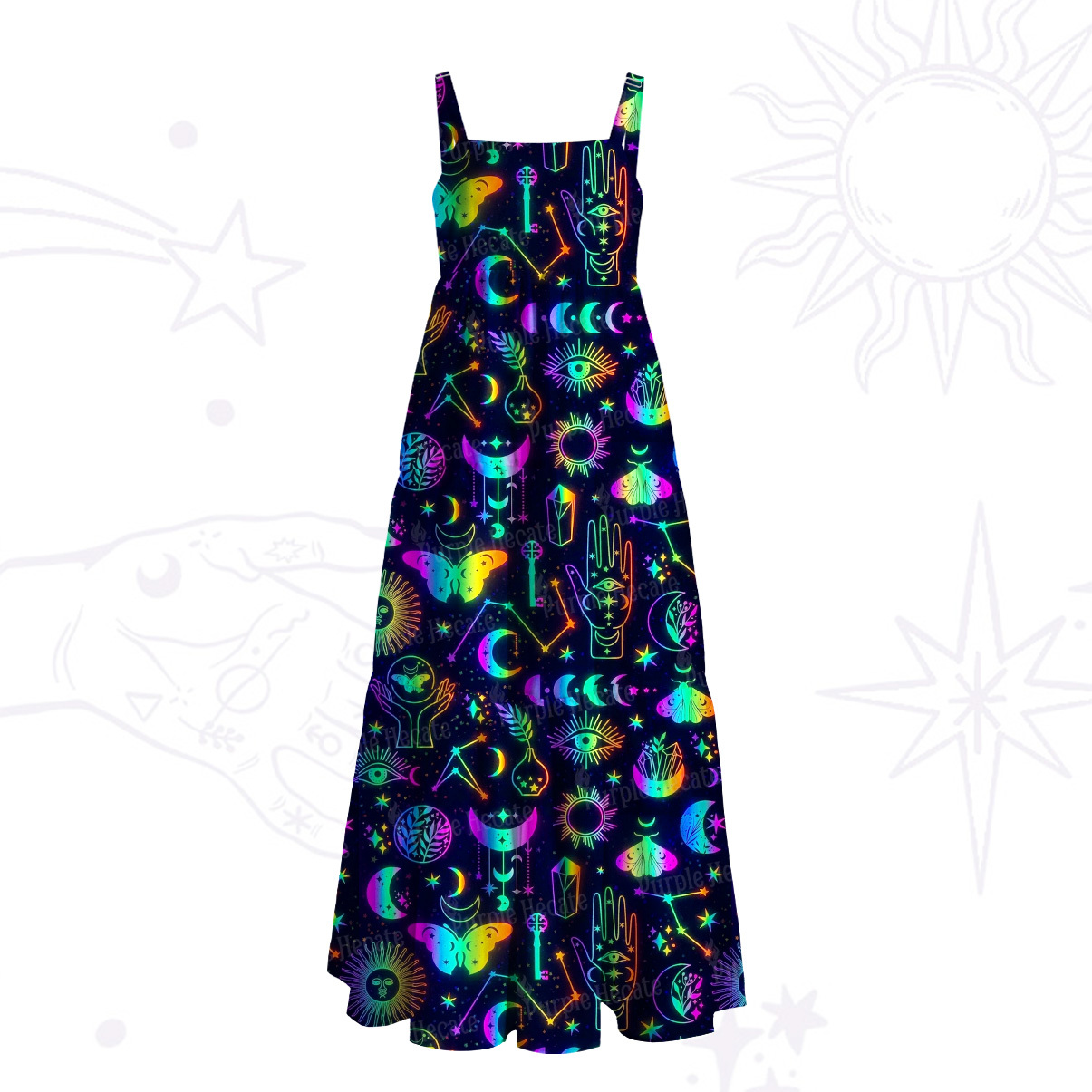 Purplehecate Celestial Night of Stars & Hearts Wide Straps Maxi Dress