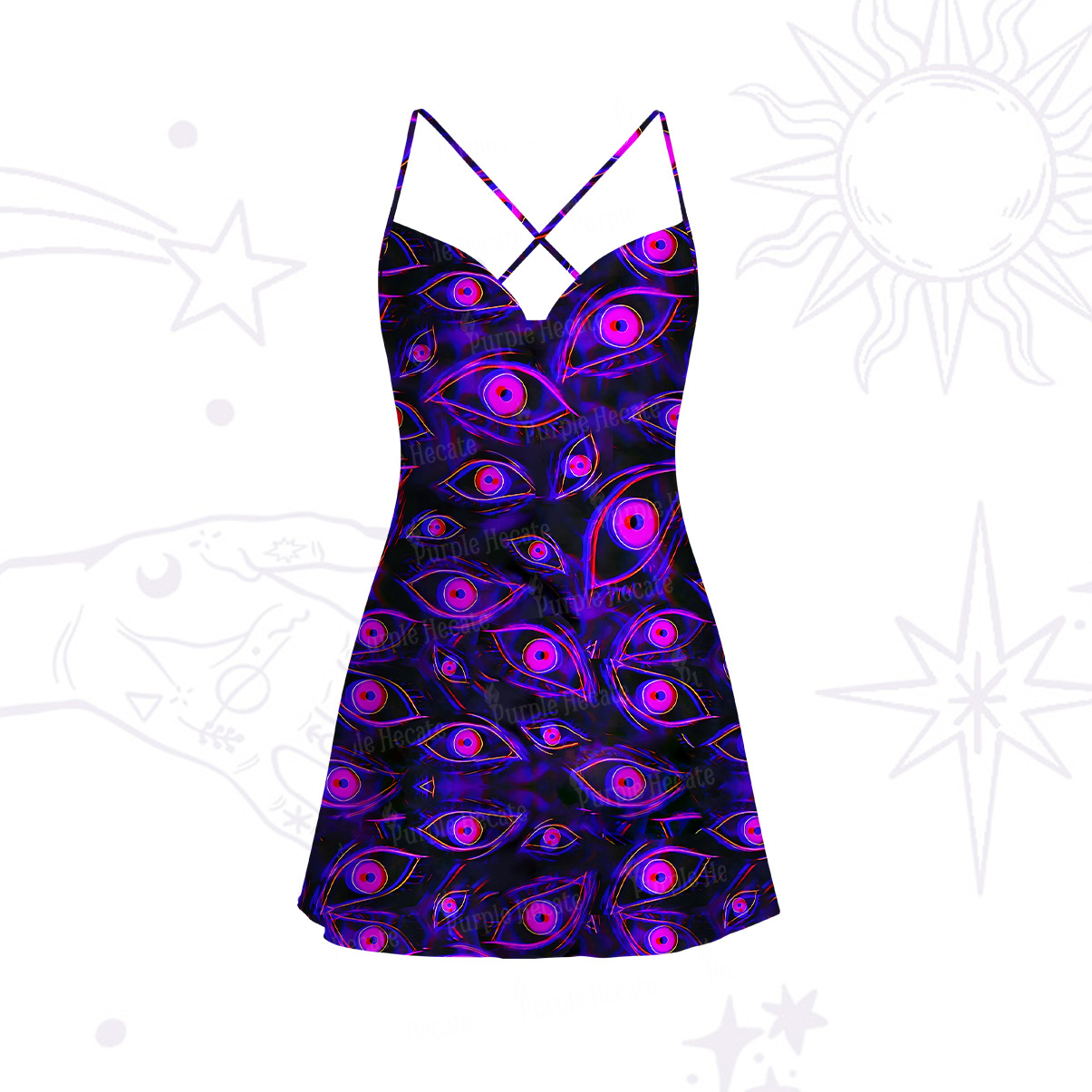 Purplehecate Psychedelic Eyes Satin Cross Back Mini Dress