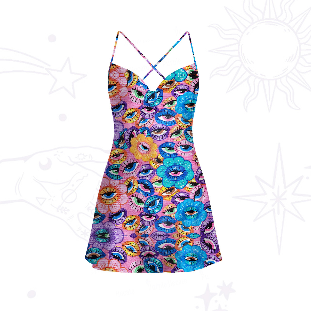 Purplehecate Psyche Eyes Satin Cross Back Mini Dress