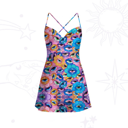 Purplehecate Psyche Eyes Satin Cross Back Mini Dress