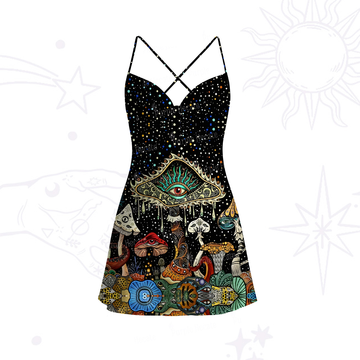 Purplehecate The Eyes of Nature Satin Cross Back Mini Dress