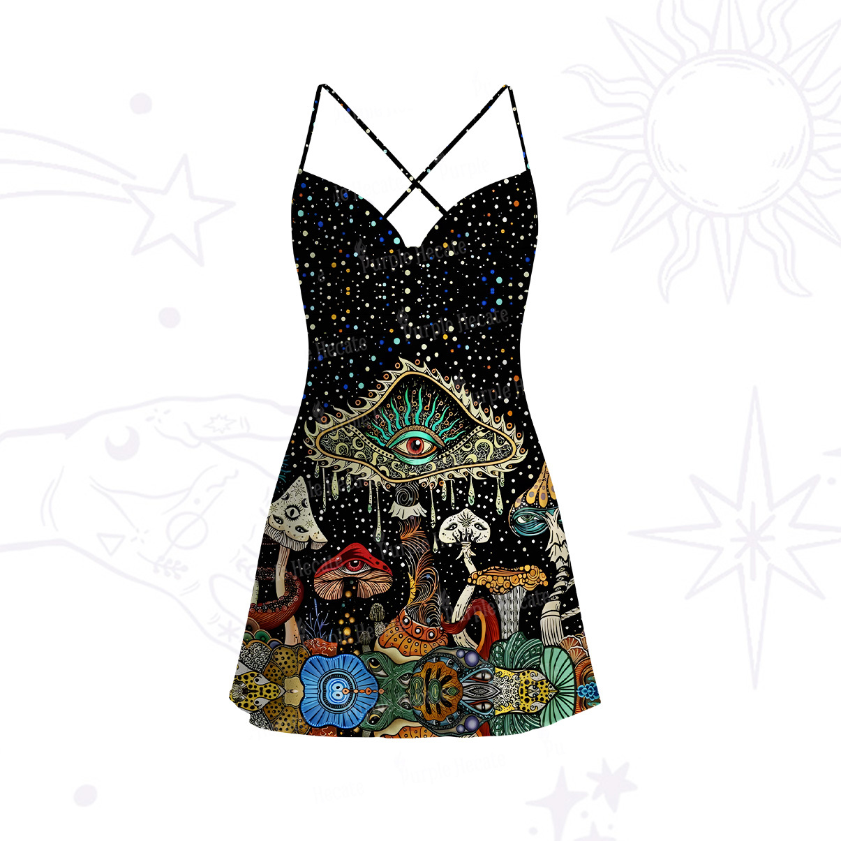 Purplehecate The Eyes of Nature Satin Cross Back Mini Dress