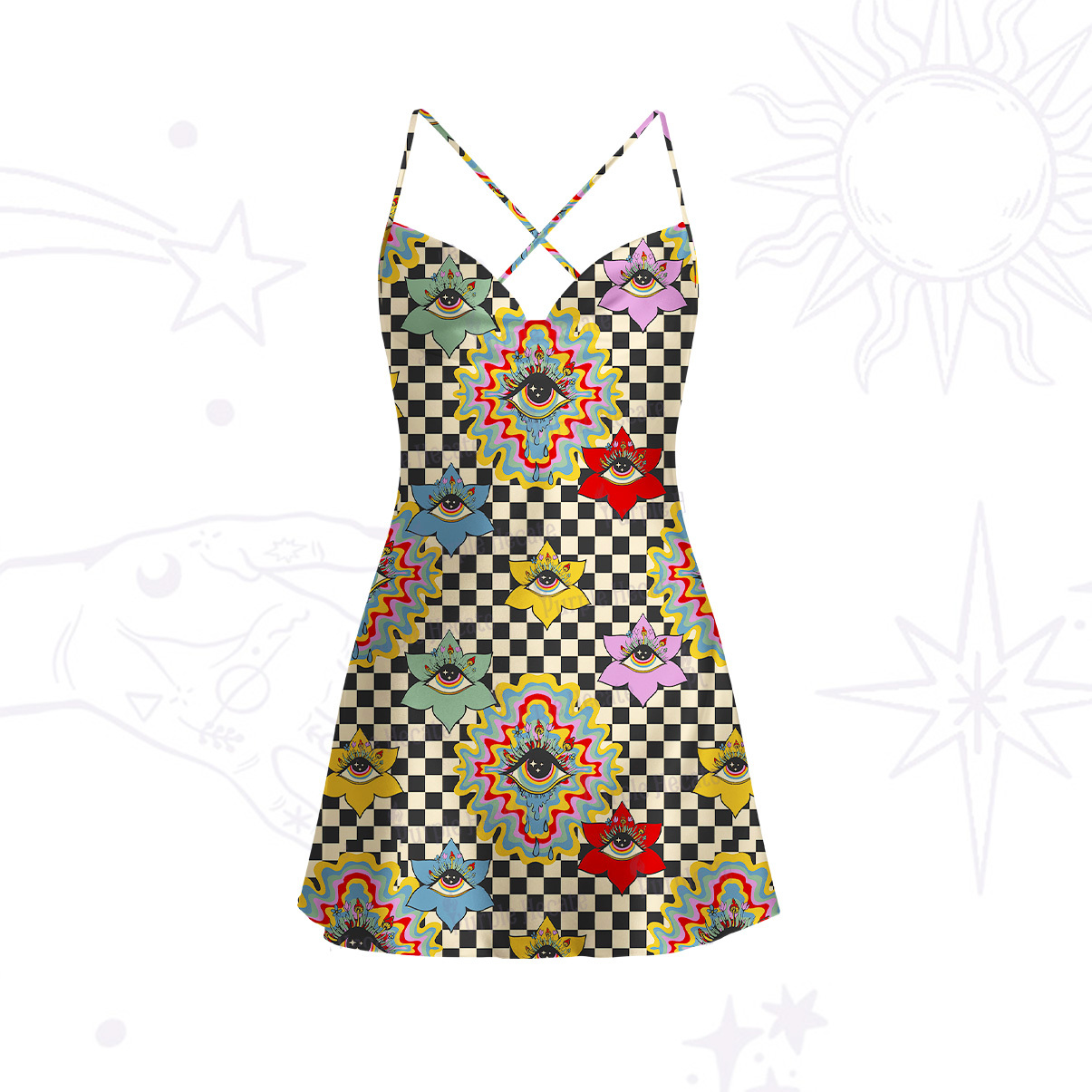 Purplehecate Trippy Vision Satin Cross Back Mini Dress