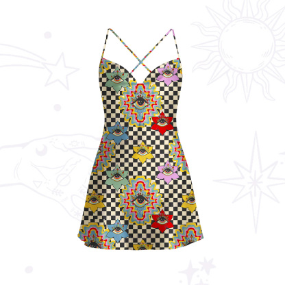 Purplehecate Trippy Vision Satin Cross Back Mini Dress