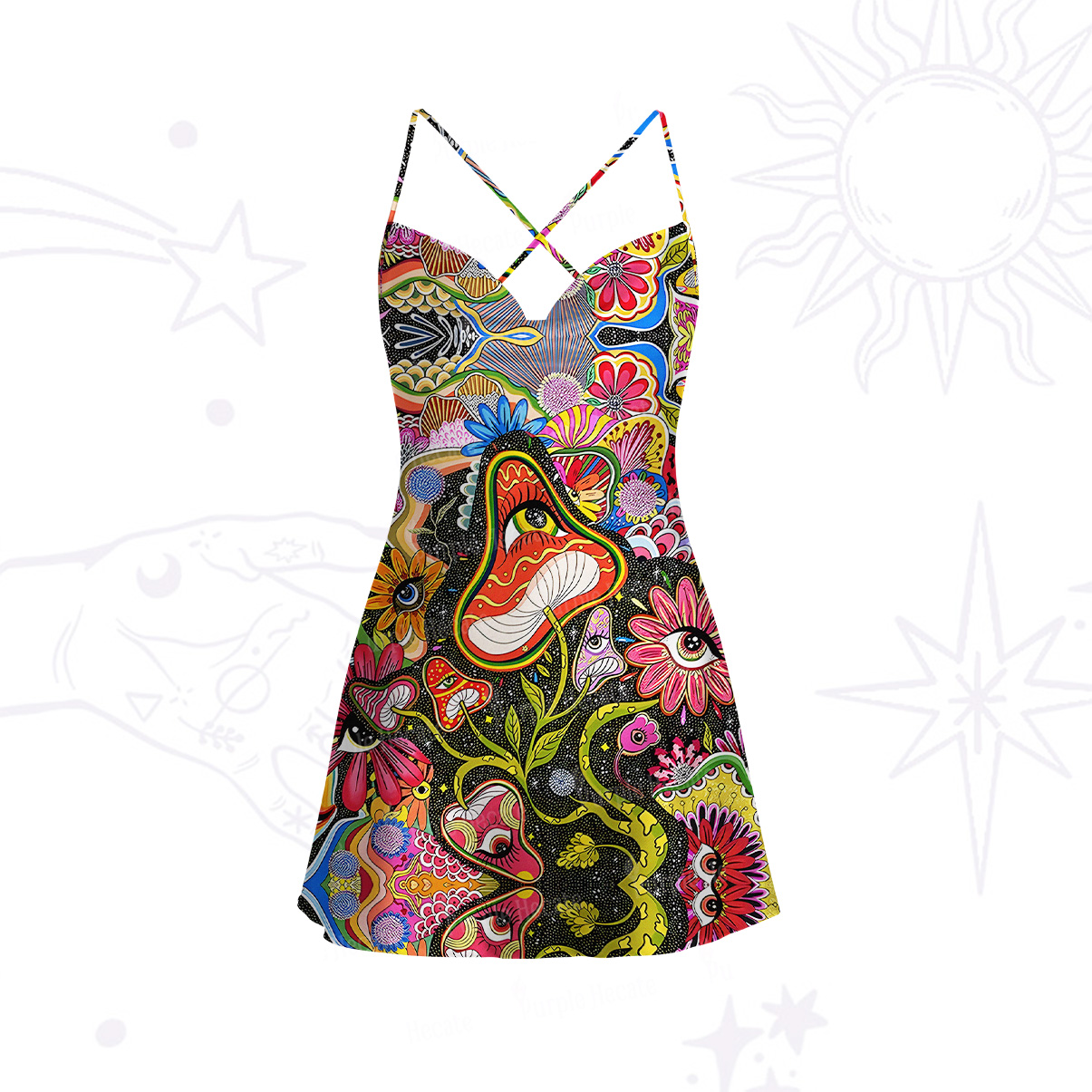 Purplehecate Magic Mushroom Meadow Satin Cross Back Mini Dress