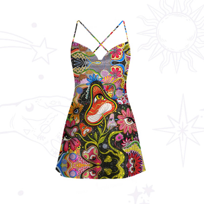 Purplehecate Magic Mushroom Meadow Satin Cross Back Mini Dress