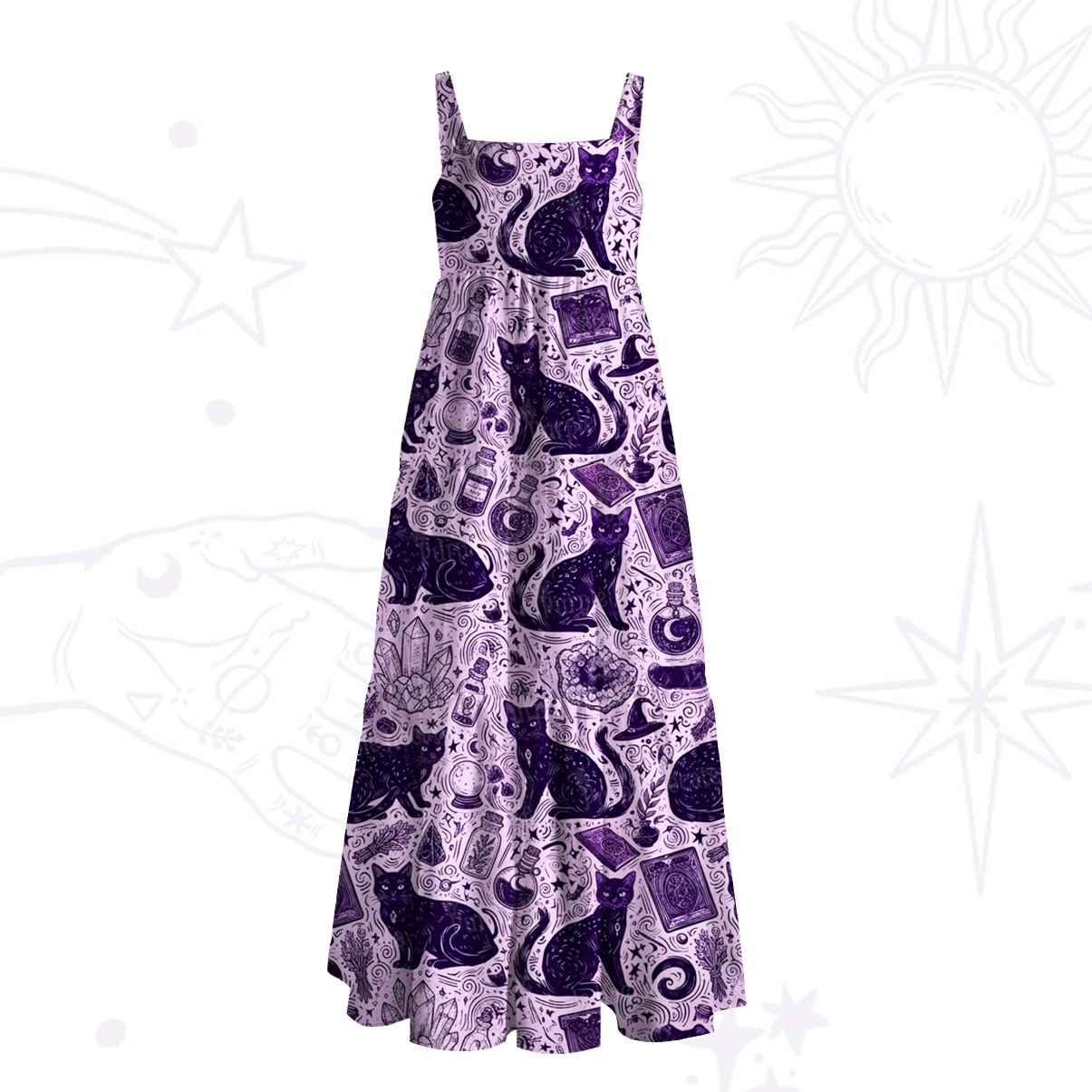 Purplehecate Midnight Black Cat Witch Potion Wide Straps Maxi Dress