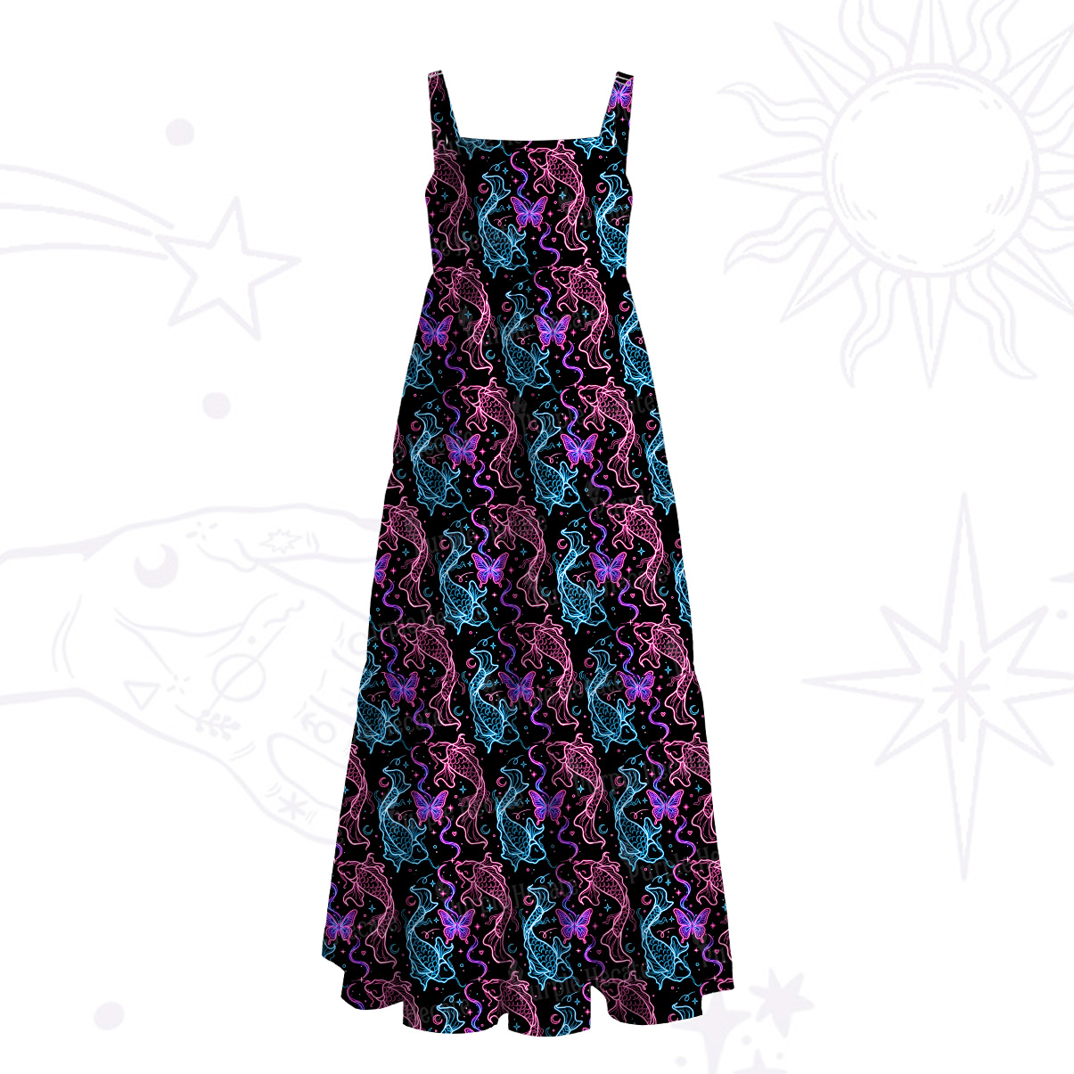 Purplehecate Neon Zodiac Pisces Wide Straps Maxi Dress