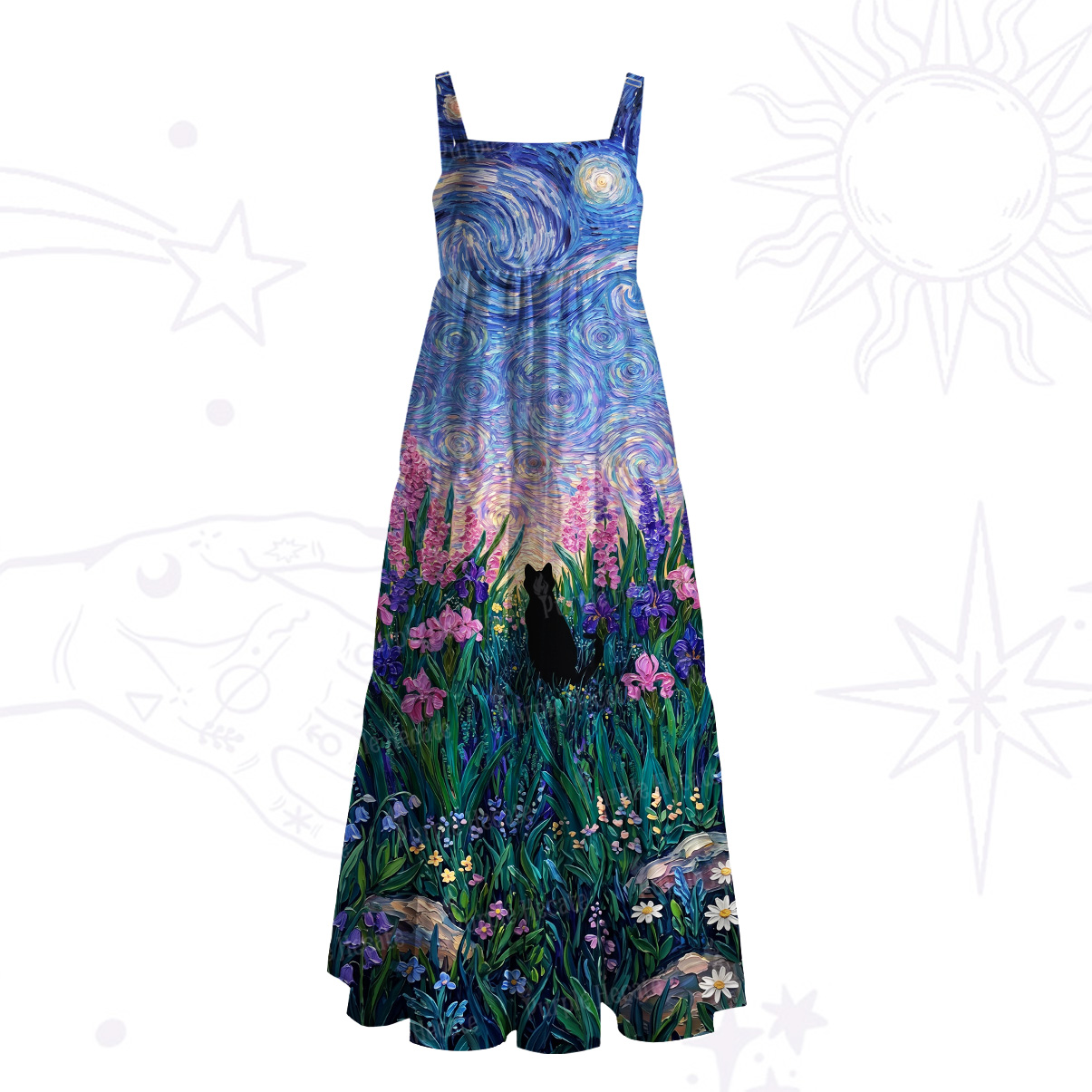 Purplehecate Starry Mystic Night Garden Cat Wide Straps Maxi Dress