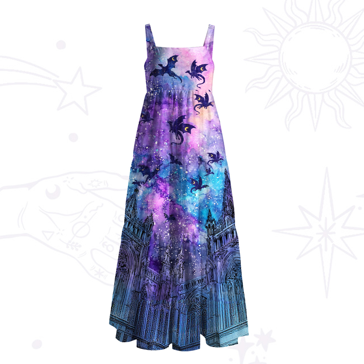 Purplehecate Cosmic Dragon Gothic Cathedra Wide Straps Maxi Dress