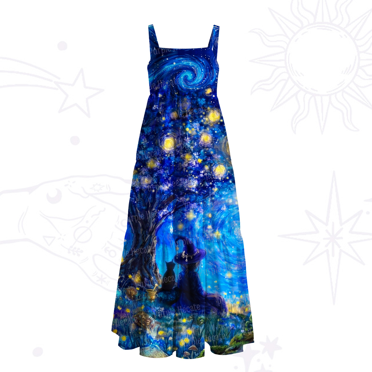 Purplehecate Moonlit Witch & Starry Cat Wide Straps Maxi Dress
