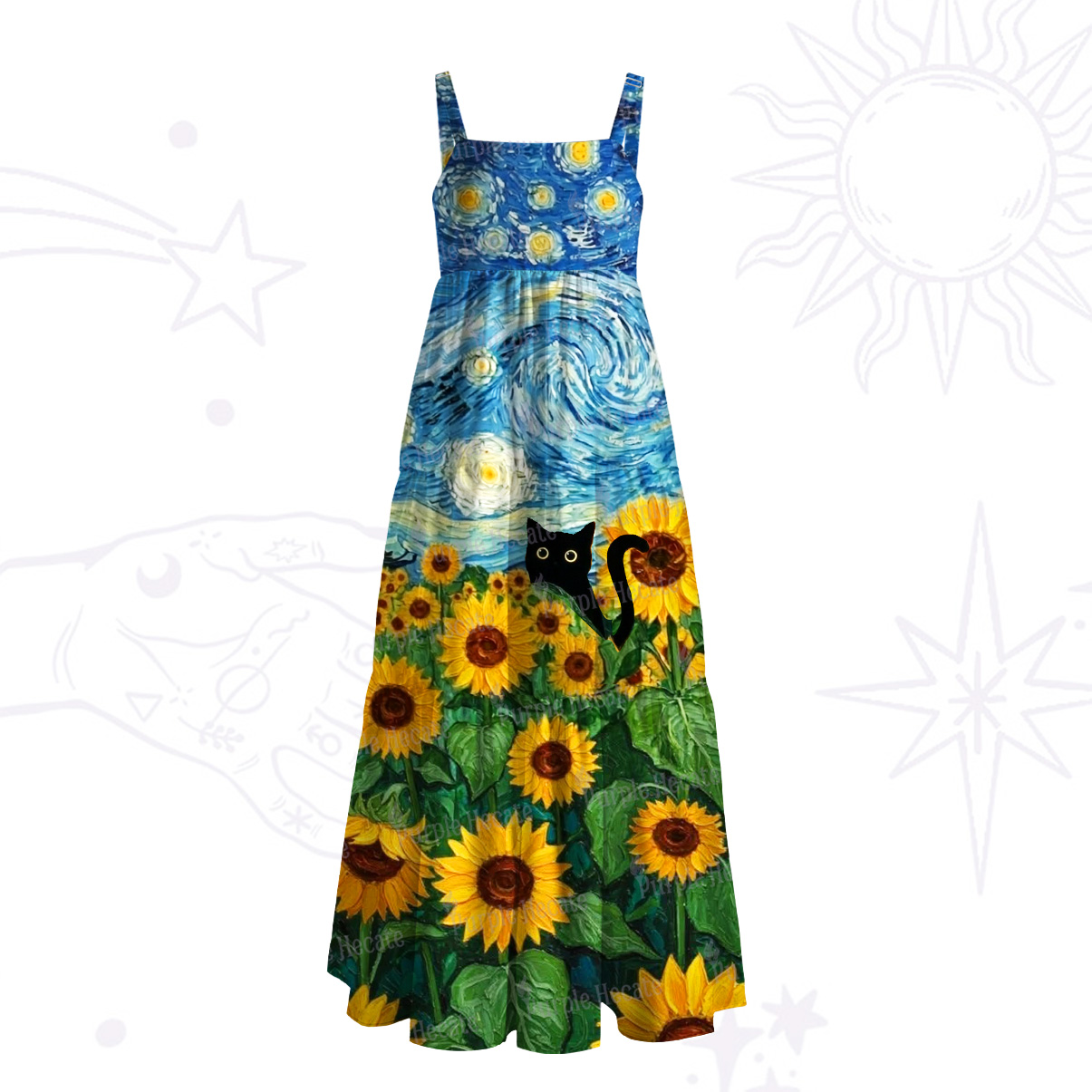 Purplehecate Starry Night Sunflower Black Cat Wide Straps Maxi Dress