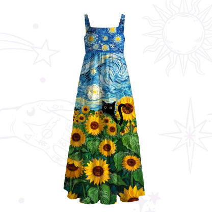 Purplehecate Starry Night Sunflower Black Cat Wide Straps Maxi Dress