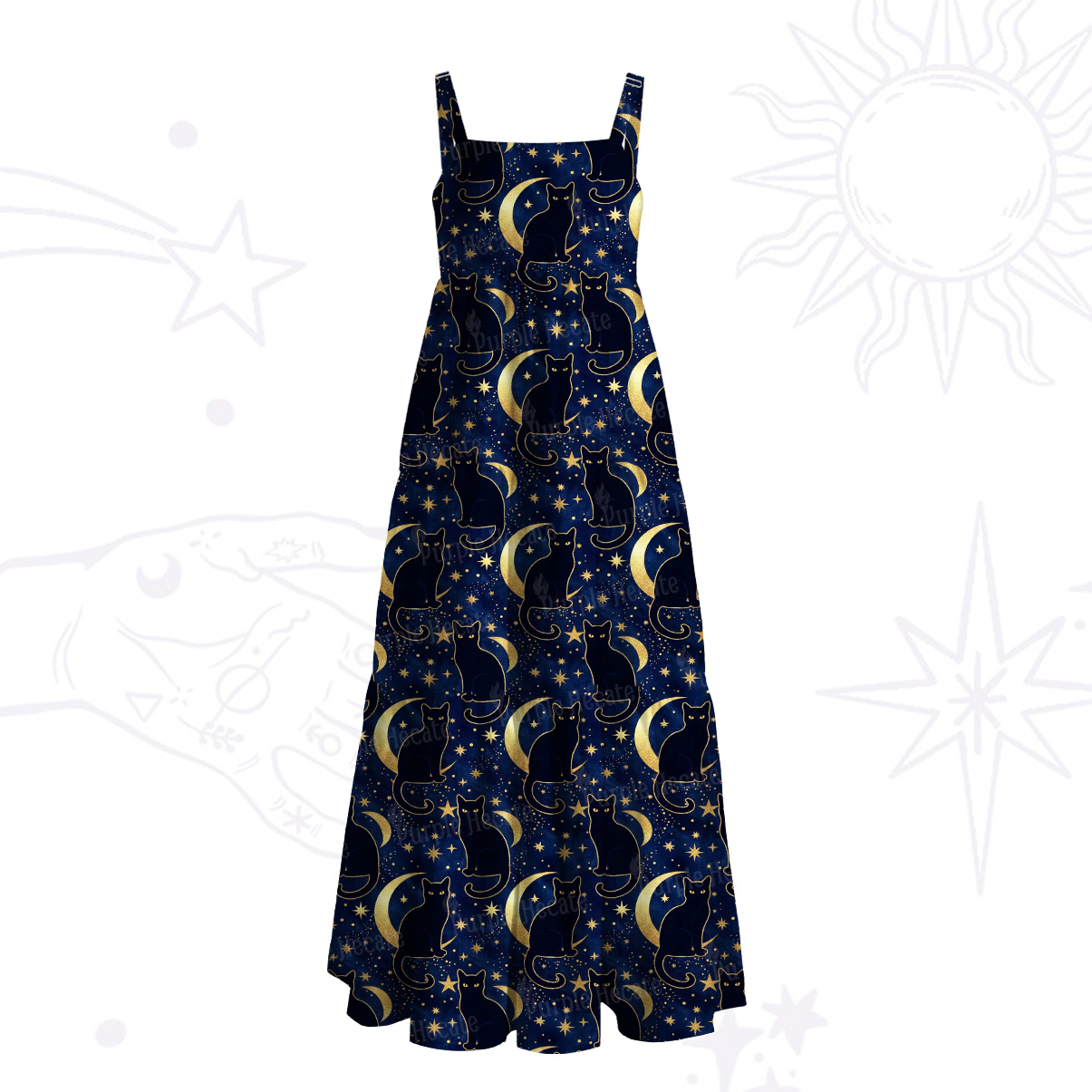 Purplehecate Starry Moon & Black Cat Wide Straps Maxi Dress