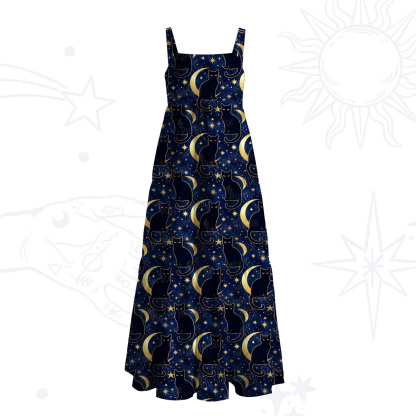 Purplehecate Starry Moon & Black Cat Wide Straps Maxi Dress