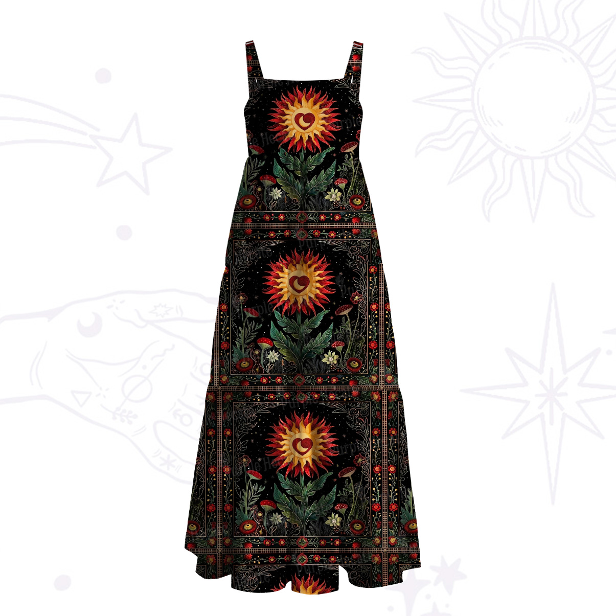 Purplehecate Heartfire Sunflower Bloom Wide Straps Maxi Dress
