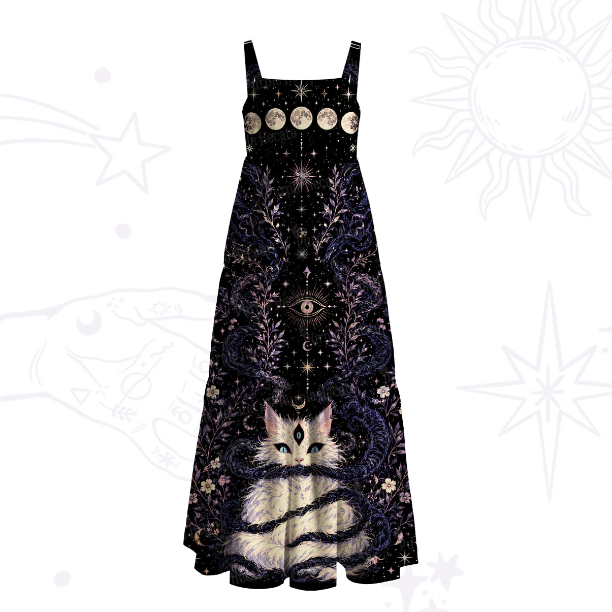 Purplehecate Moon Phase Oracle Cat Wide Straps Maxi Dress