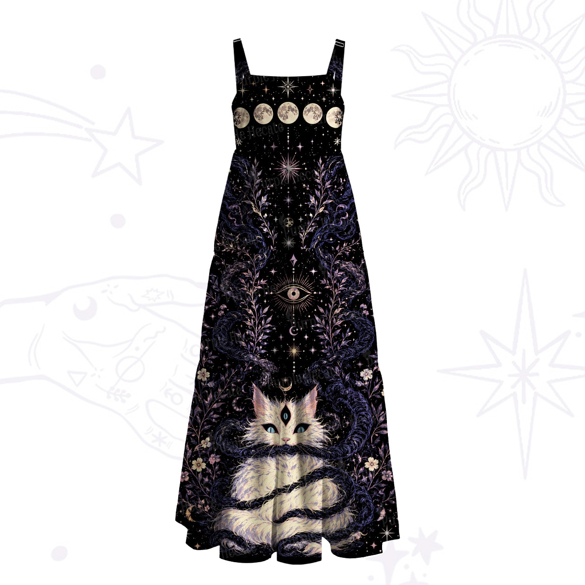 Purplehecate Moon Phase Oracle Cat Wide Straps Maxi Dress
