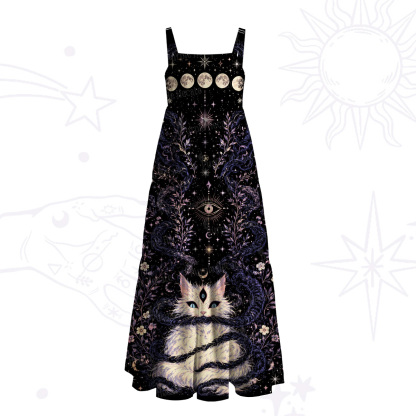Purplehecate Moon Phase Oracle Cat Wide Straps Maxi Dress