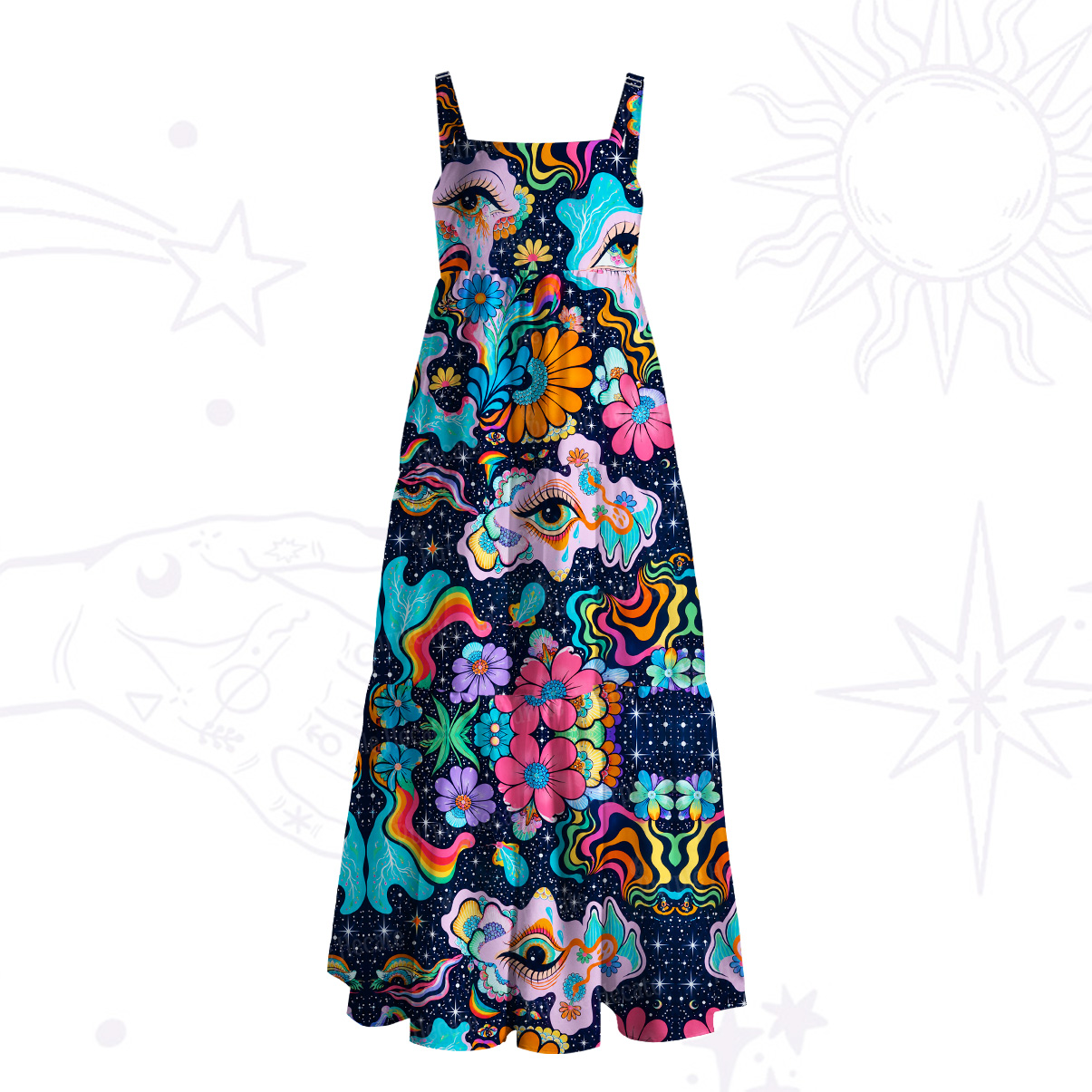 Purplehecate Psychedelic Bloom of the All-Seeing Eye Wide Straps Maxi Dress