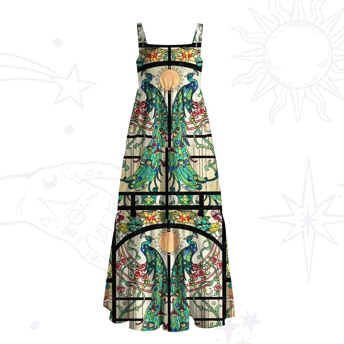 Purplehecate Mystic Peacock Stained Glass Wide Straps Maxi Dress